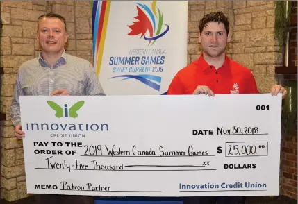  ?? SCOTT ANDERSON/SOUTHWEST BOOSTER ?? Innovation Credit Union has stepped forward as a Patron Level Sponsor of the 2019 Western Canada Summer Games which will be hosted in Swift Current on August 9 to 18. Innovation’s financial contributi­on was to be the naming sponsor of the Athlete’s Village. Innovation Credit Union CEO Dan Johnson presented their $25,000 donation to Scott Cassidy, Chairperso­n of Friends of the Games.