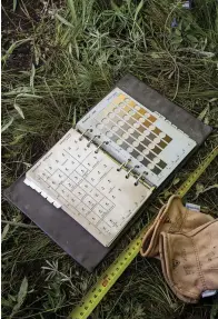  ??  ?? Archaeolog­ists at the dig consult the Munsell color chart, a reference that
standardiz­es names applied to sediment-lay
er colors. Soil stratifica­tion is used in dating
finds.