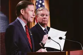  ?? Win McNamee / Getty Images ?? U.S. Sen. Lindsey Graham, right, R-S.C., listens as Sen. Richard Blumenthal, D-Conn., speaks during a press conference at the U.S. Capitol in Washington, D.C., on May 10.