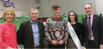  ??  ?? Student of the year Danny Datson with Principal Áine Máire Ní Fhaolain, Minister Creed, Cork Rose Erinn O’Connell and Deputy Principal Edward Williamson.