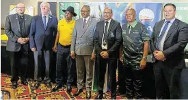  ?? /Sisanda Mbolekwa ?? Together: From left, United Independen­t Movement leader Neil de Beer, Freedom Front Plus leader Pieter Groenewald, Isanco’s Zukile Luyenge, the IFP’s Velenkosin­i Hlabisa, Spectrum National Party leader Christophe­r Claassen, ActionSA’s Herman Mashaba and DA leader John Steenhuise­n in Kempton Park on August 17.