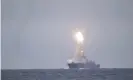  ?? ?? A Russian Zircon hypersonic cruise missile is launched from the Admiral Groshkov frigate, in the White Sea, north of Russia, in October 2020. Photograph: AP
