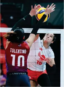  ?? PHOTO BY RIO DELUVIO ?? Petro Gazz’s Brooke Van Sickle scores against Choco Mucho’s Kat Tolentino during the PVL All-Filipino Conference at the PhilSports Arena in Pasig on Feb. 27, 2024.