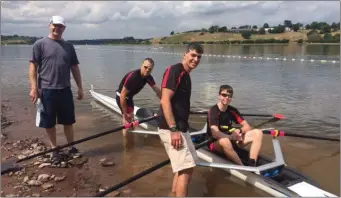  ??  ?? Coaches Molua Donohue and Tom Colsh see Senior Double Brian Colsh (stroke) and Glenn Patterson (bow) take to the water as they prepare to race Skibbereen.