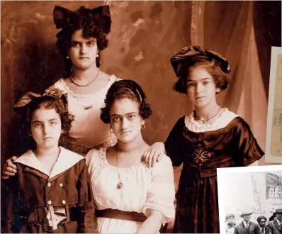  ??  ?? OVAN: Frida (sittande i mitten) tillsamman­s med systrarna Matilde, Adriana och Cristina. OVAN TILL HÖGER: Kahlos dramatiska blyertstec­kning av ”Olyckan”. HÖGER: Kahlo och Rivera går i ett 1-majtåg 1929 i Mexico City.