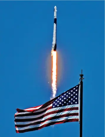  ??  ?? The Falcon 9 lifts off from Nasa’s Kennedy Space Center in the first manned flight of Elon Musk’s SpaceX