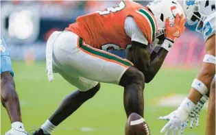  ?? WILFREDO LEE/AP ?? Miami tight end Jaleel Skinner reacts after dropping a pass during the first half of Miami’s loss to North Carolina at Hard Rock Stadium on Saturday.