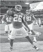  ?? JOHN DAVID MERCER/ USA TODAY SPORTS ?? Chiefs running back Damien Williams celebrates after one of his two TDs in the fourth quarter of Super Bowl LIV.