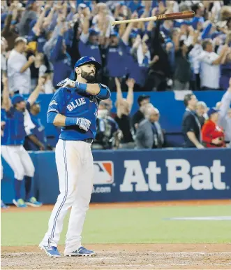  ?? STAN BEHAL/FILES ?? Jose Bautista’s triumphant bat flip in Game 5 of the ALDS against the Texas Rangers last October will be forever etched into the minds of Toronto Blue Jays fans.