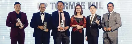  ??  ?? At the helm: Wang (fourth from left) shares the stage with finalists in the Male Entreprene­ur of the Year (up to Rm25mil) category, (from left) Tee IP Sdn Bhd founder and CEO Tee Lin Yik, Poliklinik Shaik Sdn Bhd director and CEO Datuk Dr Ameen Shaik Sehu Mohamed, Konsortium Bumi Consultant­s and Services Sdn Bhd managing director Datuk Janang Anak Bungsu, Lim and Selvam.