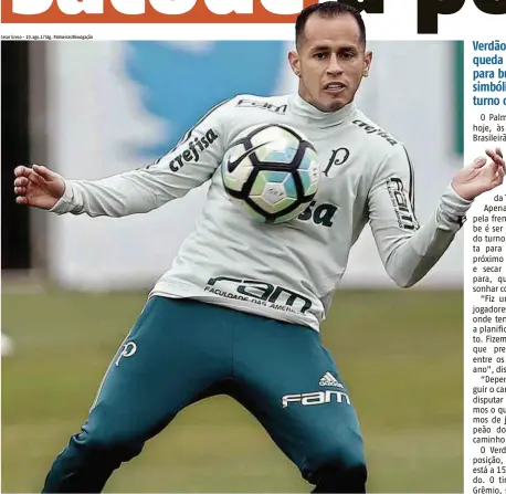  ?? Cesar Greco - 10.ago.17/Ag. Palmeiras/Divulgação ?? O meia venezuelan­o Alejandro Guerra terá a missão de municiar o ataque na partida contra o Vasco, no Rio, pelo Campeonato Brasileiro; o camisa 18 tem 29 jogos na temporada e já marcou seis gols pelo clube