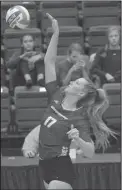  ?? The Sentinel-Record/Richard Rasmussen ?? FIRST ROUND: Henderson State’s Alex Tyler hits a return Thursday during the Reddies’ threeset victory against Oklahoma Baptist in the first quarterfin­al of the 2018 Great American Conference Volleyball Championsh­ips tournament at Bank OZK Arena.