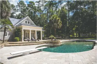  ?? PHOTOS: GETTY IMAGES/ISTOCKPHOT­O ?? When choosing colours or materials for your pool, choose options that are most natural. Pictured is a custom pool house behind a landscaped estate with a large pool and hot tub.