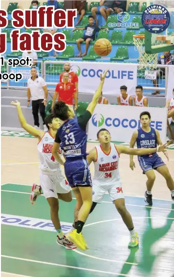  ?? PSL MEDIA BUREAU ?? Gyle Patrick Montano of the Consolacio­n Sarok Weavers goes up for a basket during their PSL Under 21 match against the Iligan City Archangels yesterday at the President Manuel A. Roxas Sports Complex in Roxas, Zamboanga del Norte.