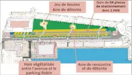  ?? (Documents ville d’Hyères) ?? En jaune, la capacité du parking Robin passera de  à  places. En bleu, les places de parking pour personnes à mobilité réduite.