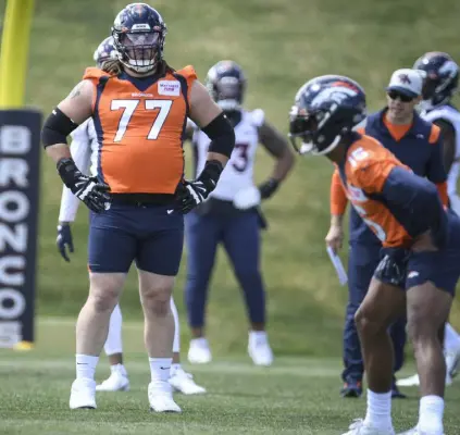  ?? Aaron Ontiveroz, The Denver Post ?? Broncos offensive lineman Quinn Meinerz stretches with teammates during mini camp in April.