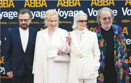  ?? AP PHOTO/ALBERTO PEZZALI ?? From left, members of ABBA Bjorn Ulvaeus, Agnetha Faltskog, Anni-Frid Lyngstad and Benny Andersson arrive for the ABBA Voyage concert in 2022 at the ABBA Arena in London.