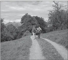  ?? The New York Times/MARINA PASCUCCI ?? John Henderson (left) and Leander Schadler set off to walk the Liechtenst­ein Trail, which winds through the country’s 11 towns.