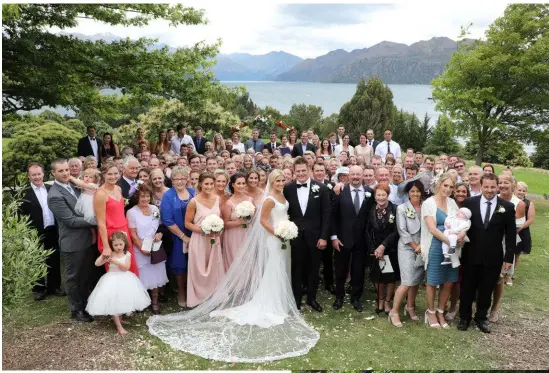  ??  ?? OPPOSITE: The wooden arch was made by Gemma’s father, with help from Richie’s dad. ABOVE: The entire wedding party. RIGHT: Gemma and Richie with their parents, Rob and Michelle Flynn (left), and Margaret and Donald McCaw. BELOW: Gemma and her Nana.