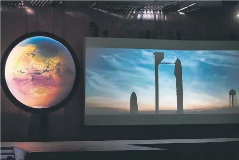  ??  ?? A shot of a video about the ‘Interplane­tary Transport System’ which aims to reach Mars with the first human crew in history, in the conference given by Musk during the 67th Internatio­nal Astronauti­cal Congress in Guadalajar­a, Mexico. — AFP photo