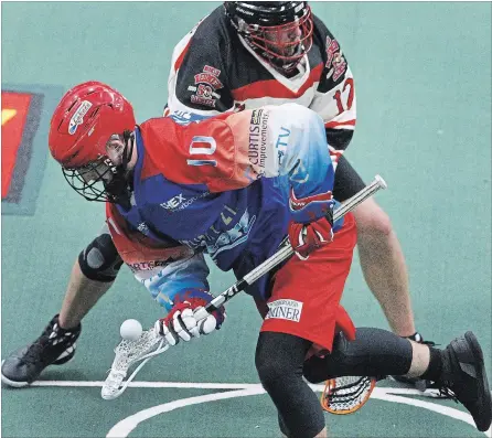  ?? CLIFFORD SKARSTEDT EXAMINER ?? Peterborou­gh Century 21 Lakers’ Jake Withers wins a faceoff against Brooklin Redmen’s Graham Bergsma during first period Major Series Lacrosse action on July 5 at the Memorial Centre. Withers had a goal Friday in his World Cup field lacrosse debut with...