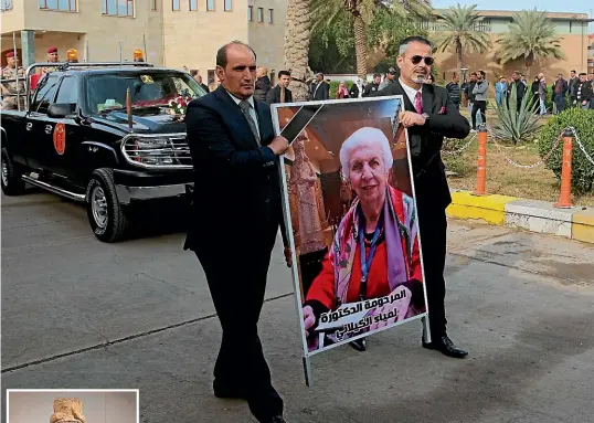  ?? AP ?? Mourners lead the coffin of Lamia Al-Gailani in procession through Baghdad last month. She was a key figure in the rebuilding of the National Museum, including its Assyrian Hall, left.