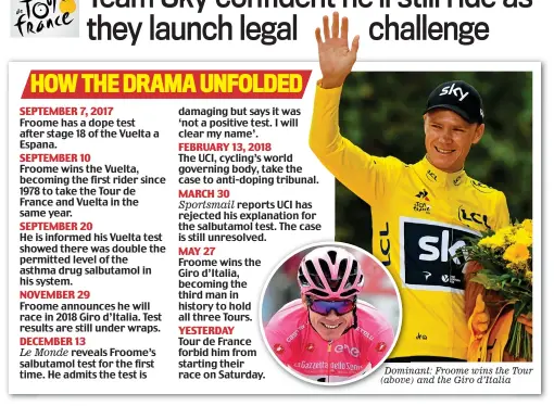  ??  ?? Dominant: Froome wins the Tour (above) and the Giro d’Italia