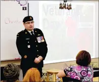  ?? NEWS PHOTO TIM KALINOWSKI ?? Master Warrant Officer Patrice Masse speaks on Thursday to Connaught School students about his career highlights and the importance of honouring veterans