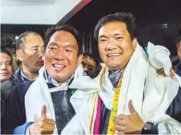  ??  ?? Arunachal Pradesh Chief Minister Pema Khandu reacts after winning in Assembly elections, in Tawang.