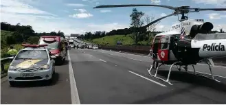  ?? Divulgação ?? Helicópter­o da PM pousado na pista da Anhanguera, para fazer o resgate do ciclista