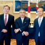  ?? AP ?? US Deputy Secretary of State Antony Blinken, his Japanese and S. Korean counterpar­ts Shinsuke Sugiyama and Lim Sung-nam, join hands before their meeting in Tokyo. —