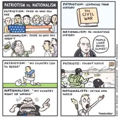  ??  ?? Cartoonist Jen Sorensen spotlighte­d the difference between patriotism and nationalis­m in a cartoon from 2017.