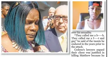  ??  ?? Tearful Louna Dennis, mother of Matthew McCree (inset right), outside Bronx Supreme Court on Monday after Abel Cedeno (main photo top) was found guilty in her 15-year-old son’s death.
