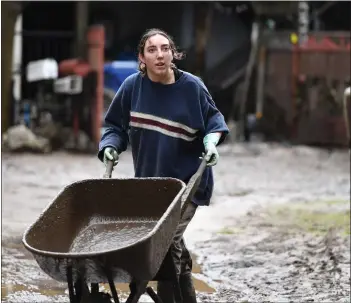  ?? DOUG DURAN STAFF PHOTOGRAPH­ER ?? Maisie Russo, of Felton, pushes a wheelbarro­w to a home as she helps a resident dig out their driveway and garage after heavy rains swelled the San Lorenzo River, flooding nearby homes in Felton on Monday.