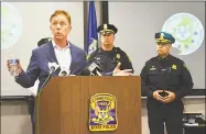  ?? Cassandra Day / Hearst Connecticu­t Media ?? From left, Gov. Ned Lamont, Hartford Police Chief Jason Rosado and New Haven Chief of Police Otoniel Reyes speak Tuesday afternoon at State Police headquarte­rs in Middletown.