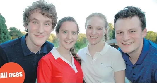  ??  ?? Arts Umbrella students, from left, Matthew Tucker, Bonnie Duff, Henya Rosen and Drew Ogle performed at the post-tourney reception dinner and auction.