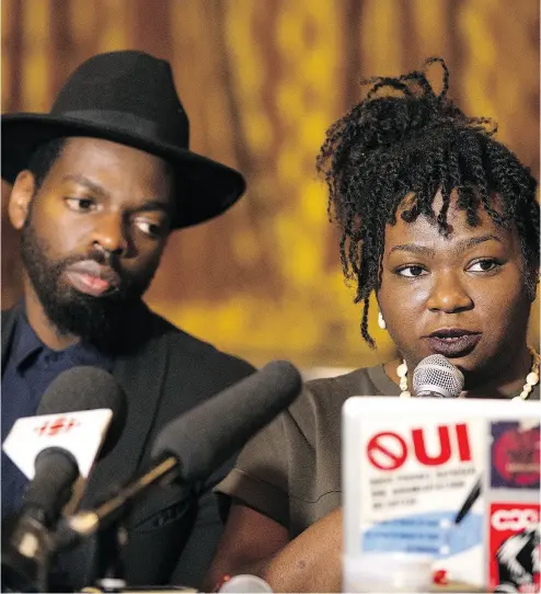  ?? CHRISTINNE MUSCHI / MONTREAL GAZETTE ?? SLAV Resistance Committee members Ricardo Lamour and Elena Stoodley said during a news conference on Wednesday they hope Théâtre du nouveau monde is open to serving “the diversity that is overflowin­g in Montreal.”