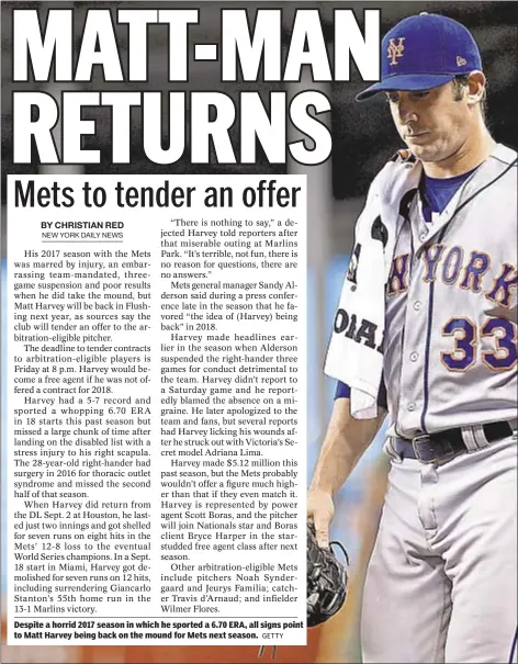  ?? GETTY ?? Despite a horrid 2017 season in which he sported a 6.70 ERA, all signs point to Matt Harvey being back on the mound for Mets next season.