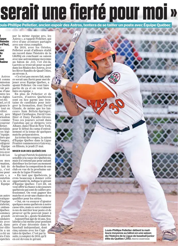  ?? PHOTO COURTOISIE ?? Louis-phillipe Pelletier détient la meilleure moyenne au bâton en une saison de l’histoire de la Ligue de baseball junior élite du Québec (,515).