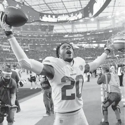  ?? MARK J. TERRILL/AP ?? 49ers cornerback Ambry Thomas celebrates after his intercepti­on in overtime against the Rams on Jan. 9 in Inglewood, Calif.