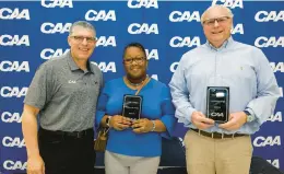  ?? JIM AGNEW ?? Coastal Athletic Associatio­n Commission­er Joe D’Antonio, left, recently honored coaches Jihan Minson, middle, and Joey Stickle, right, for their commitment to community.