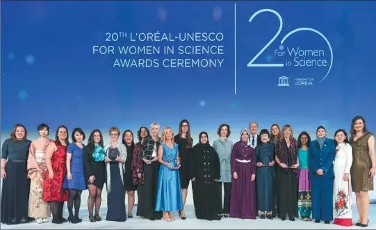  ??  ?? UNESCO Director-General Audrey Azoulay (tenth from right) and Chairman and CEO of L’Oréal and Chairman of the L’Oréal Foundation Jean Paul Agon (eighth from right) present the 20th L’Oréal-UNESCO For Women in Science awards and fellowship­s to...