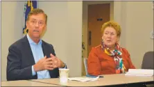  ?? Leslie Hutchison / Hearst Connecticu­t Media ?? Democratic candidate for governor Ned Lamont speaks at a forum hosted by the Northwest Connecticu­t Chamber of Commerce. At right is chamber president and CEO JoAnn Ryan.