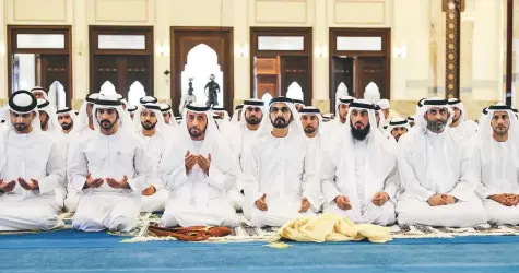  ??  ?? Shaikh Mohammad Bin Rashid offers Eid prayers at Zabeel Mosque yesterday. Also offering prayers are Shaikh Hamdan Bin Mohammad, Shaikh Hamdan Bin Rashid, other shaikhs and officials. WAM