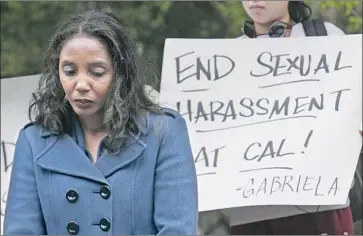  ?? Jeff Chiu Associated Press ?? TYANN SORRELL listens to speakers at a news conference on sexual harassment at UC Berkeley in 2016. UC officials overhauled harassment policies for students that year, expanding training and support services.