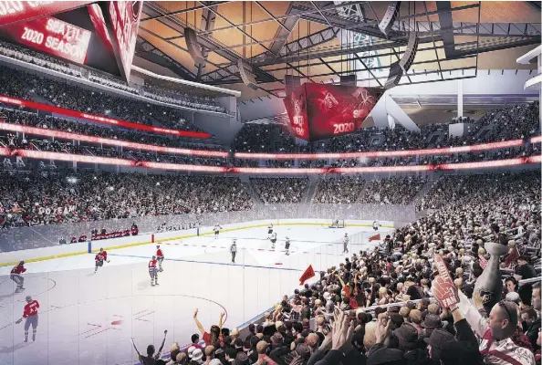  ?? OAK VIEW GROUP/THE ASSOCIATED PRESS ?? This computer image depicts the planned appearance of the interior of a remodelled KeyArena in Seattle. A group hopes to bring NHL hockey to Seattle for the 2020-21 season, and has already cleared the first few hurdles toward making it happen.