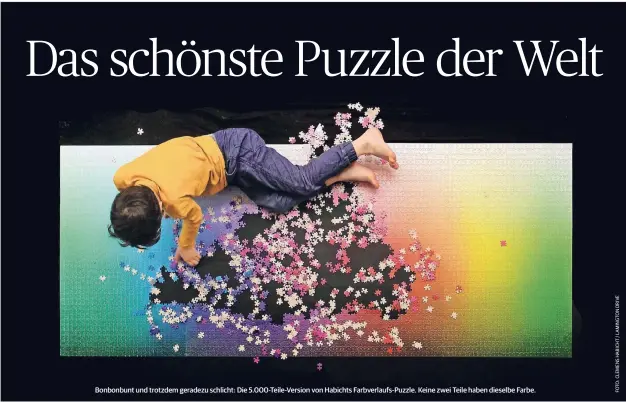  ??  ?? Bonbonbunt und trotzdem geradezu schlicht: Die 5.000-Teile-Version von Habichts Farbverlau­fs-Puzzle. Keine zwei Teile haben dieselbe Farbe.