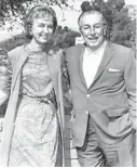  ?? ORLANDO SENTINEL FILE ?? Former Orlando Sentinel editor Emily Bavar poses with Walt Disney in 1965 during a media visit to Disneyland.“I have never seen anyone look so stunned,” she later said about his reaction when asked if he was buying Florida land. In 1965, she wrote the story revealing that the Walt Disney Co. was the mystery industry buying land in Central Florida.