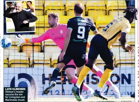  ?? ?? LATE CLINCHER: Obileye’s header secures the win for Livingston and Martindale (inset)