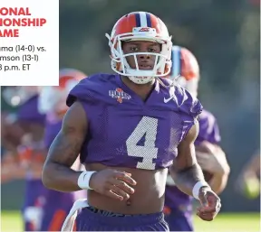  ?? KIM KLEMENT, USA TODAY SPORTS ?? Quarterbac­k Deshaun Watson again led Clemson to a berth in the title game.